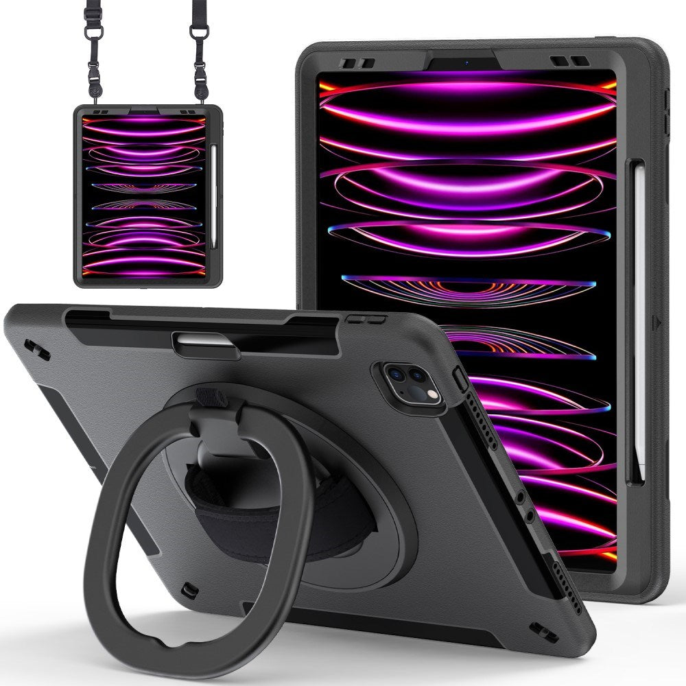 iPad Air 13" (2025 / 2024) / Pro 12.9" (2022 / 2021 / 2020 / 2018) EIDERWOOD Håndværker Cover med Beskyttelsesfilm, Apple Pencil Holder & Skulderstrop - Sort