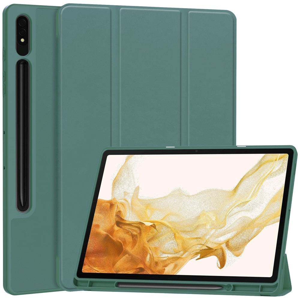 Samsung Galaxy Tab S9+ (Plus) Magnetisk Tri-Fold Læder Tablet Cover m. Pencil Holder - Mørkegrøn