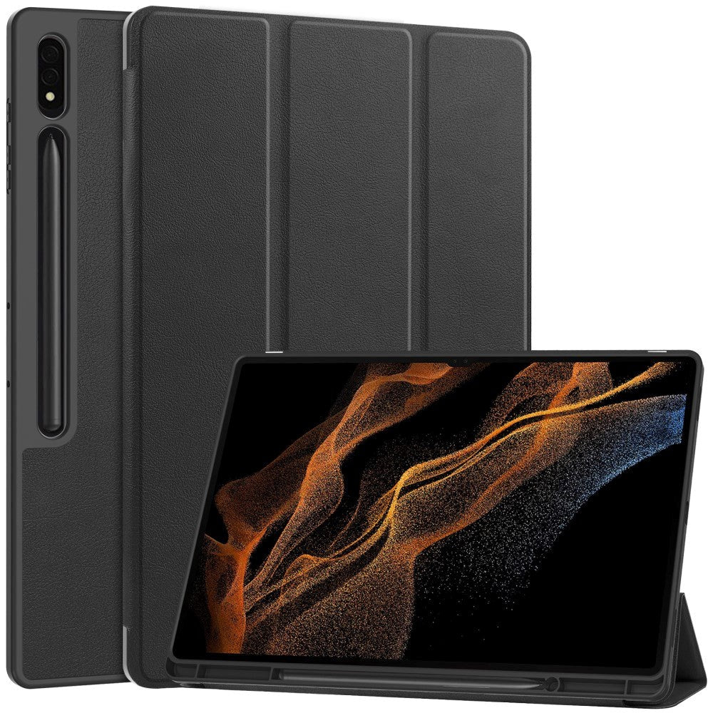 Samsung Galaxy Tab S9 Ultra Tri-Fold Læder Tablet Cover m. Standerfunktion & Pencil Holder - Sort