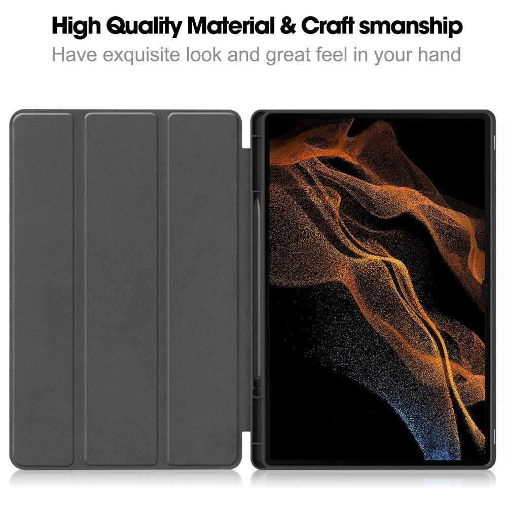 Samsung Galaxy Tab S9 Ultra Tri-Fold Læder Tablet Cover m. Standerfunktion & Pencil Holder - Sort