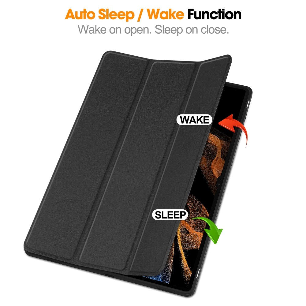 Samsung Galaxy Tab S9 Ultra Tri-Fold Læder Tablet Cover m. Standerfunktion & Pencil Holder - Sort