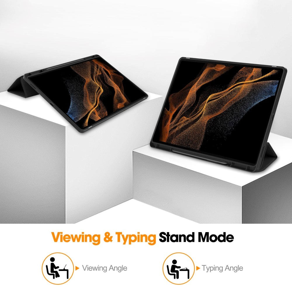 Samsung Galaxy Tab S9 Ultra Tri-Fold Læder Tablet Cover m. Standerfunktion & Pencil Holder - Sort