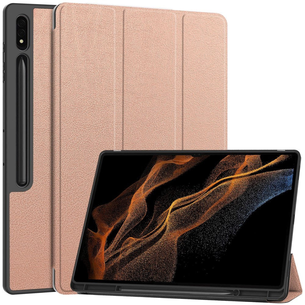 Samsung Galaxy Tab S9 Ultra Tri-Fold Læder Tablet Cover m. Standerfunktion & Pencil Holder - Rose Gold
