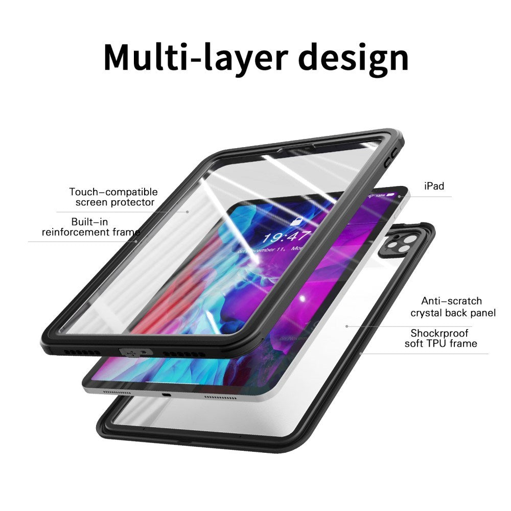 iPad Pro 11" (2022 / 2021 / 2020 / 2018) Vandtæt Bagside Cover m. skærmbeskyttelse - Gennemsigtig / Sort