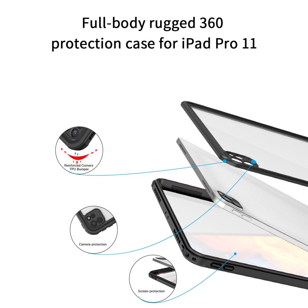 iPad Pro 11" (2022 / 2021 / 2020 / 2018) Vandtæt Bagside Cover m. skærmbeskyttelse - Gennemsigtig / Sort