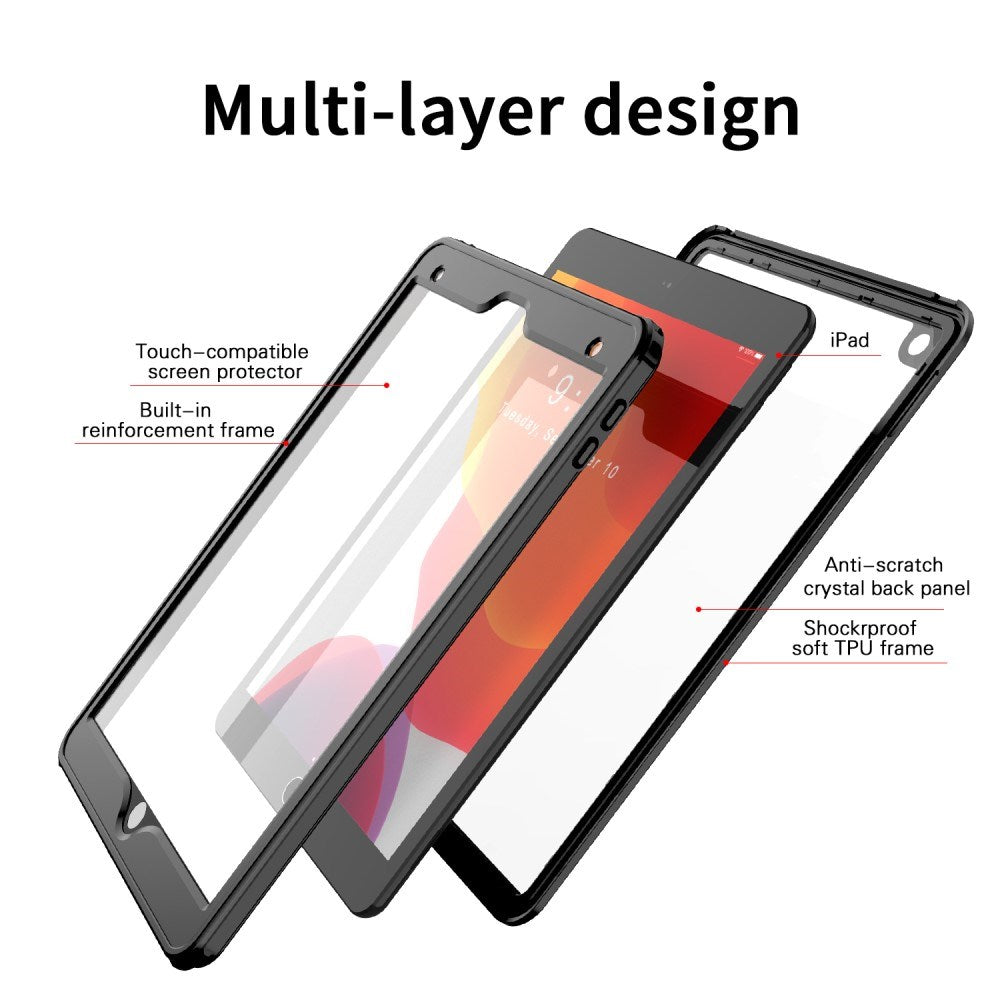 iPad 10.2" (2021 / 2020 / 2019) Vandtæt Bagside Cover m. skærmbeskyttelse - Gennemsigtig / Sort