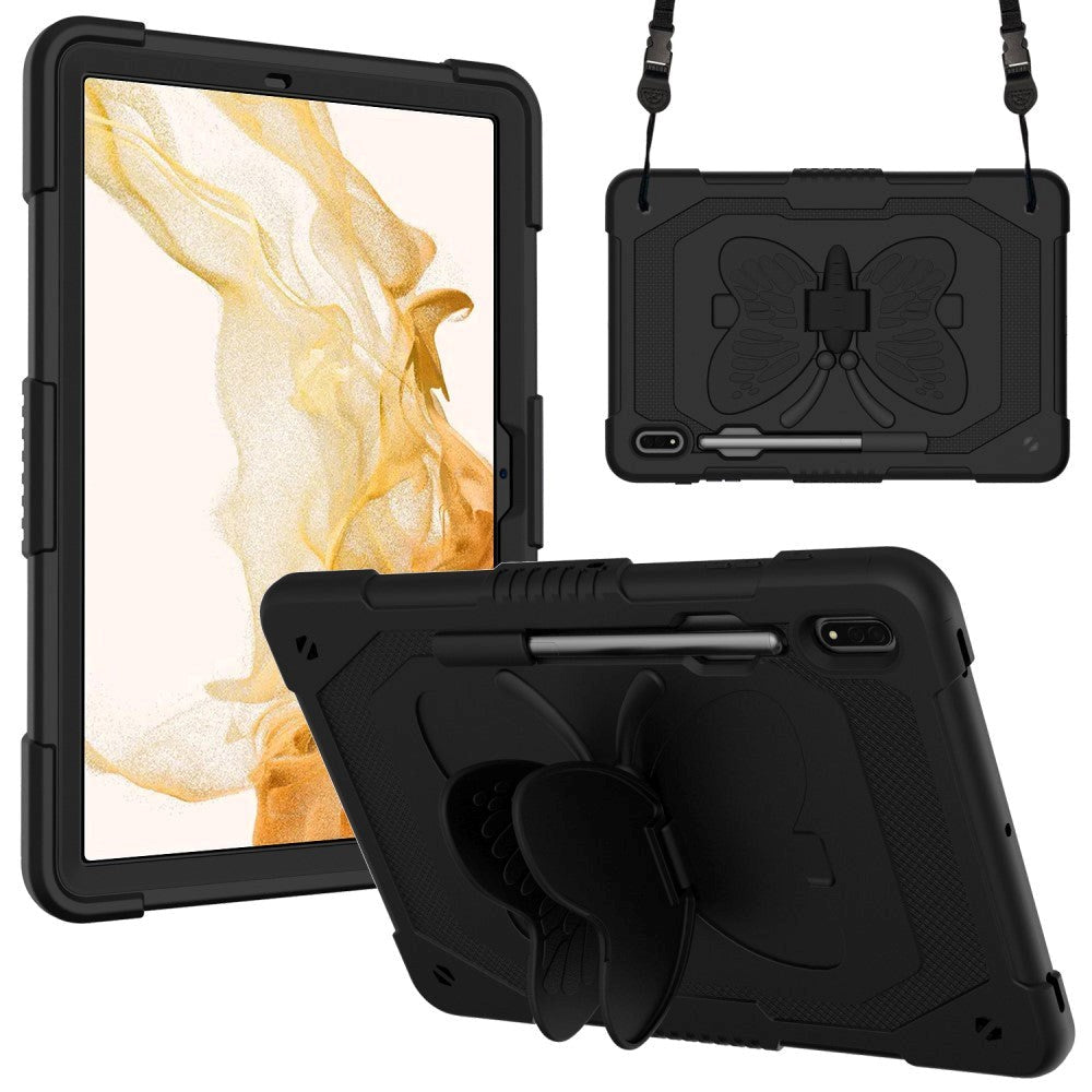 Samsung Galaxy Tab S9+ (Plus) Butterfly Børne Cover m. Skulderstrop & Ståfunktion - Sort