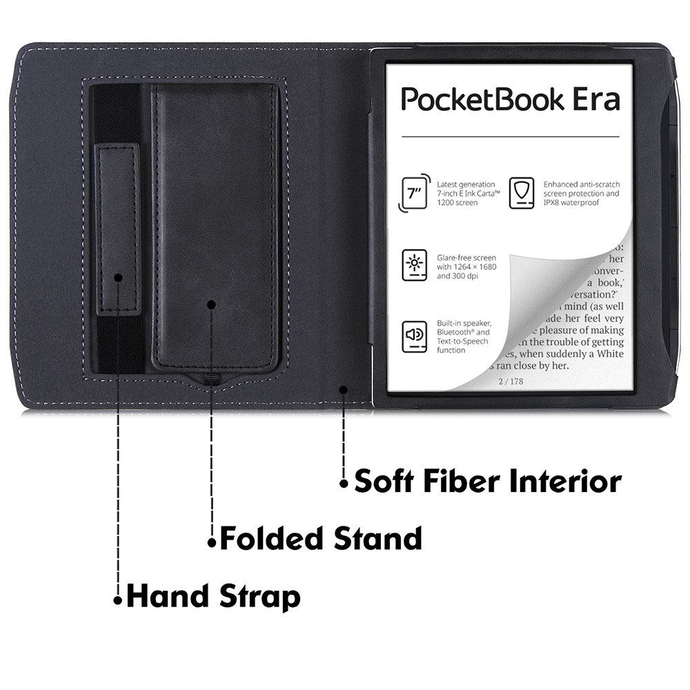 PocketBook Era E-Reader Læder Cover m. Ståfunktion, Strop & Vågeblus Funktion - Sort