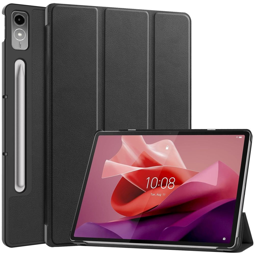 Lenovo Tab P12 Magnetisk Tri-Fold Læder Tablet Cover m. Pencil Holder - Sort
