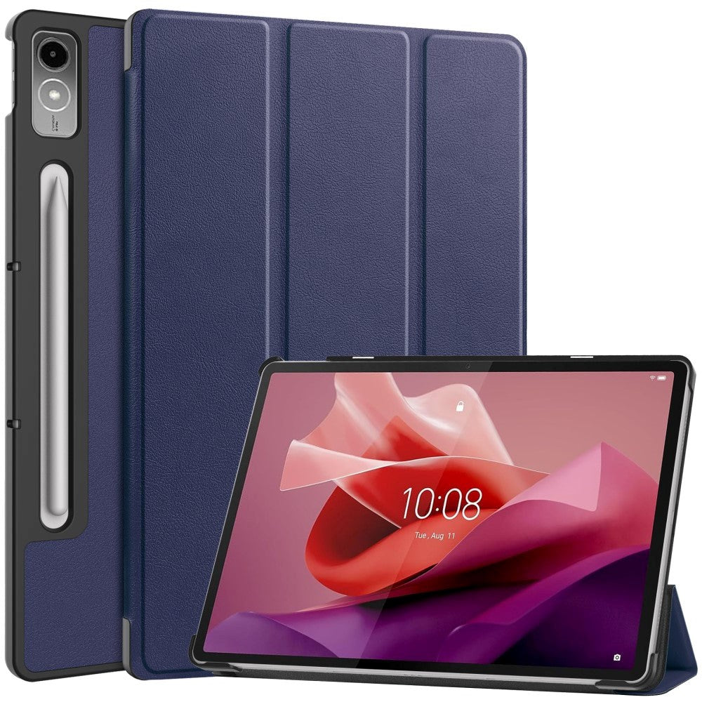 Lenovo Tab P12 Magnetisk Tri-Fold Læder Tablet Cover m. Pencil Holder - Mørkeblå