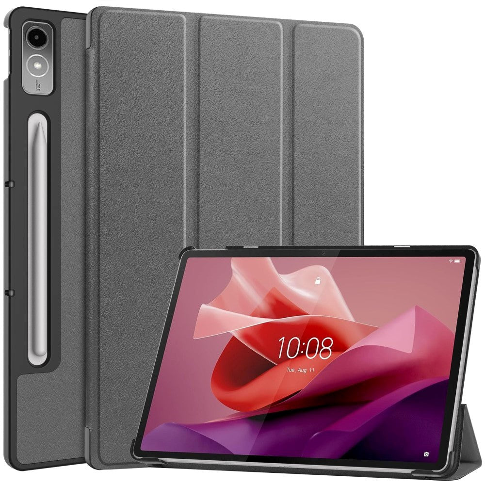 Lenovo Tab P12 Magnetisk Tri-Fold Læder Tablet Cover m. Pencil Holder - Grå