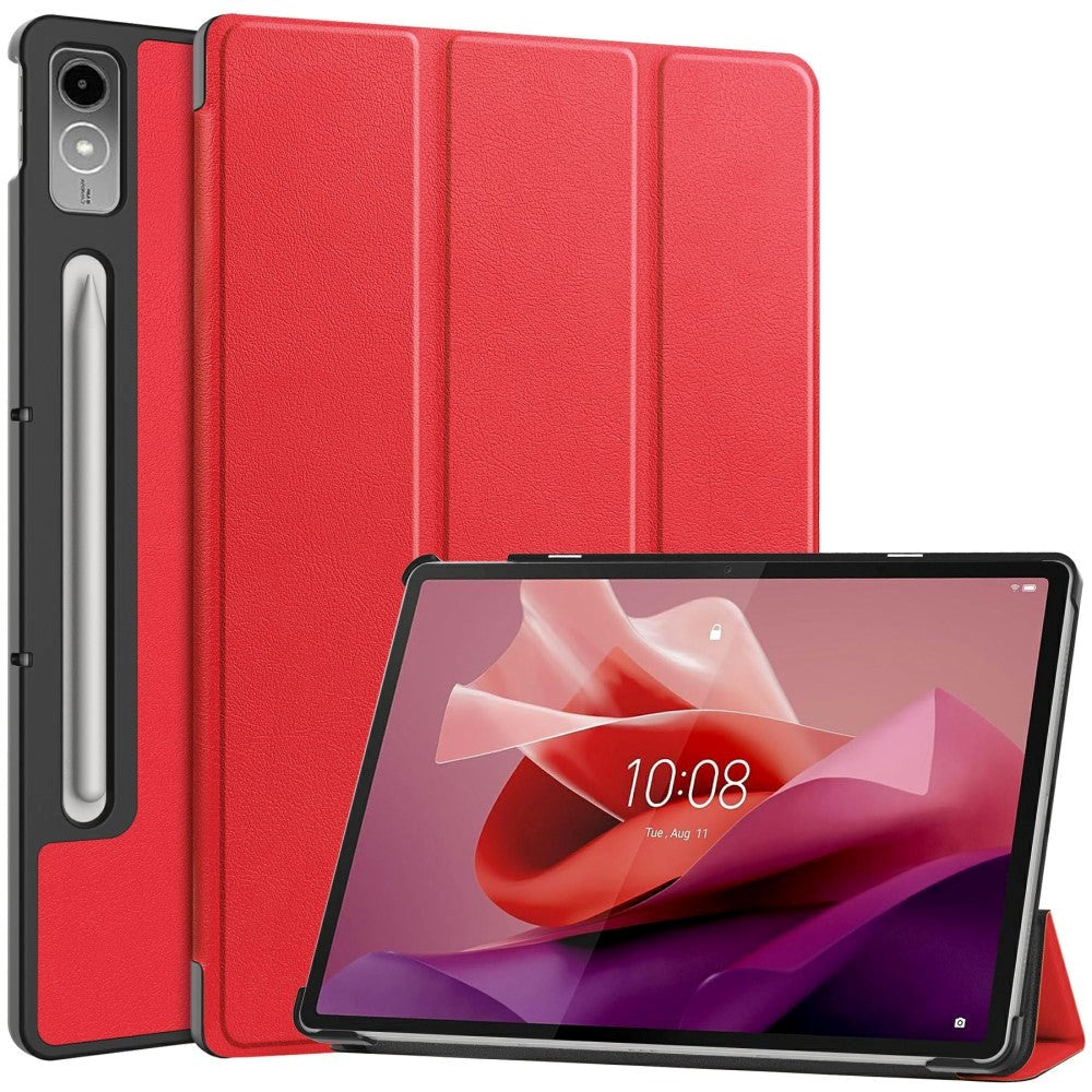 Lenovo Tab P12 Magnetisk Tri-Fold Læder Tablet Cover m. Pencil Holder - Rød