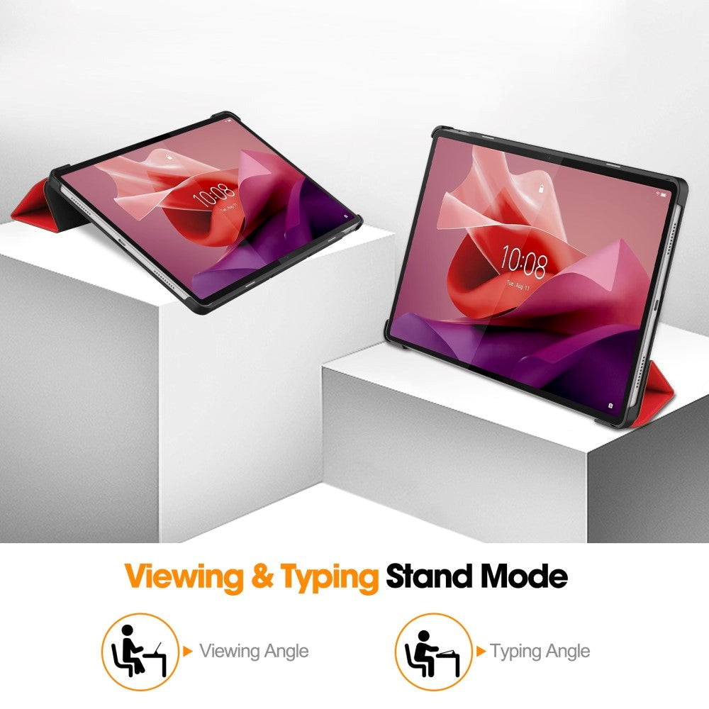 Lenovo Tab P12 Magnetisk Tri-Fold Læder Tablet Cover m. Pencil Holder - Rød