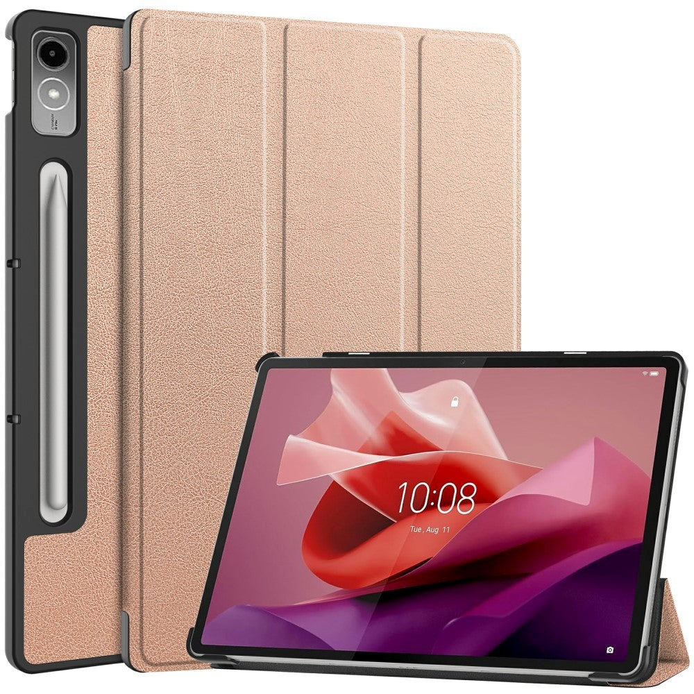 Lenovo Tab P12 Magnetisk Tri-Fold Læder Tablet Cover m. Pencil Holder - Rose Gold