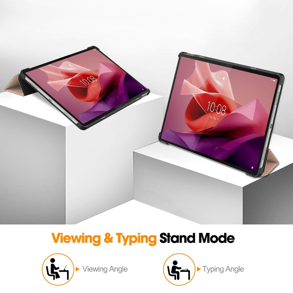 Lenovo Tab P12 Magnetisk Tri-Fold Læder Tablet Cover m. Pencil Holder - Rose Gold