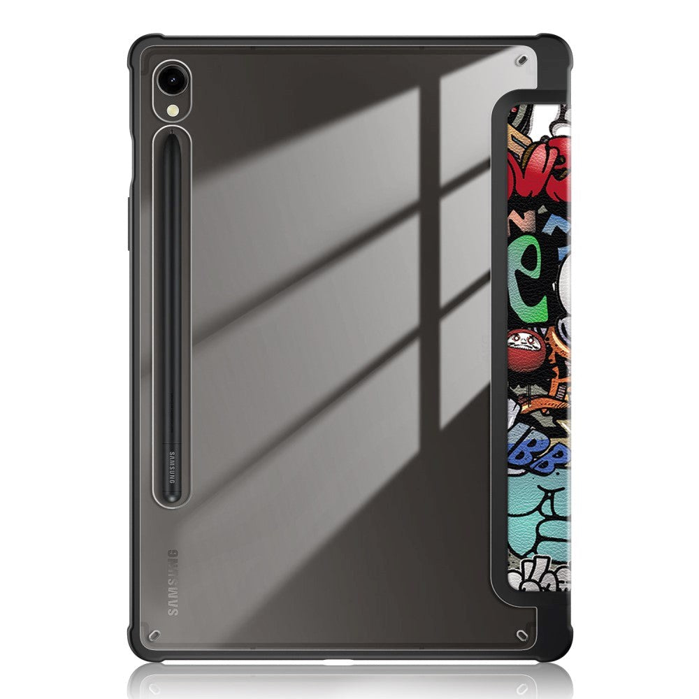 Samsung Tab S9 Tri-Fold Kunstlæder Tablet Cover m. Pen Holder - Gennemsigtig / Graffiti