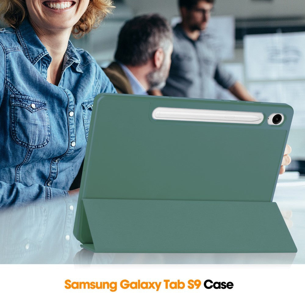 Samsung Galaxy Tab S10 FE / S9 FE Magnetisk Tri-Fold Læder Tablet Cover m. Pencil Holder - Grøn