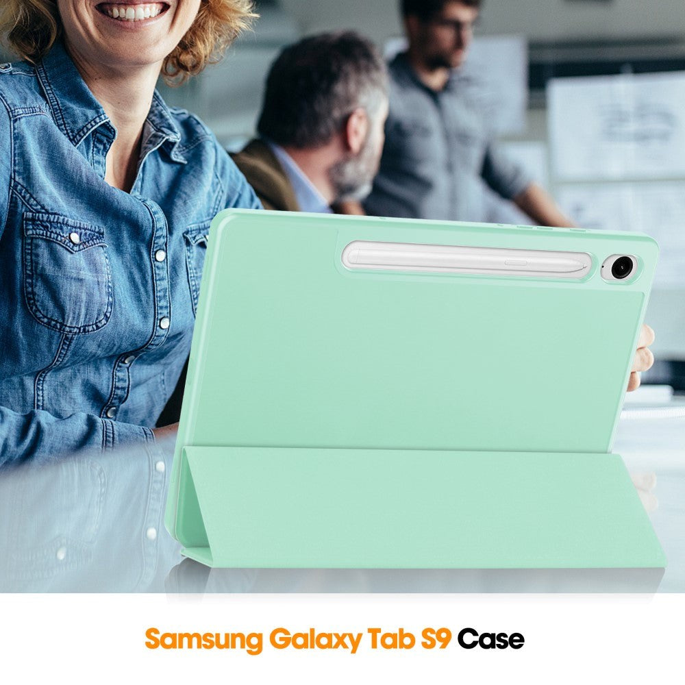 Samsung Galaxy Tab S10 FE / S9 FE Magnetisk Tri-Fold Læder Tablet Cover m. Pencil Holder - Mintgrøn