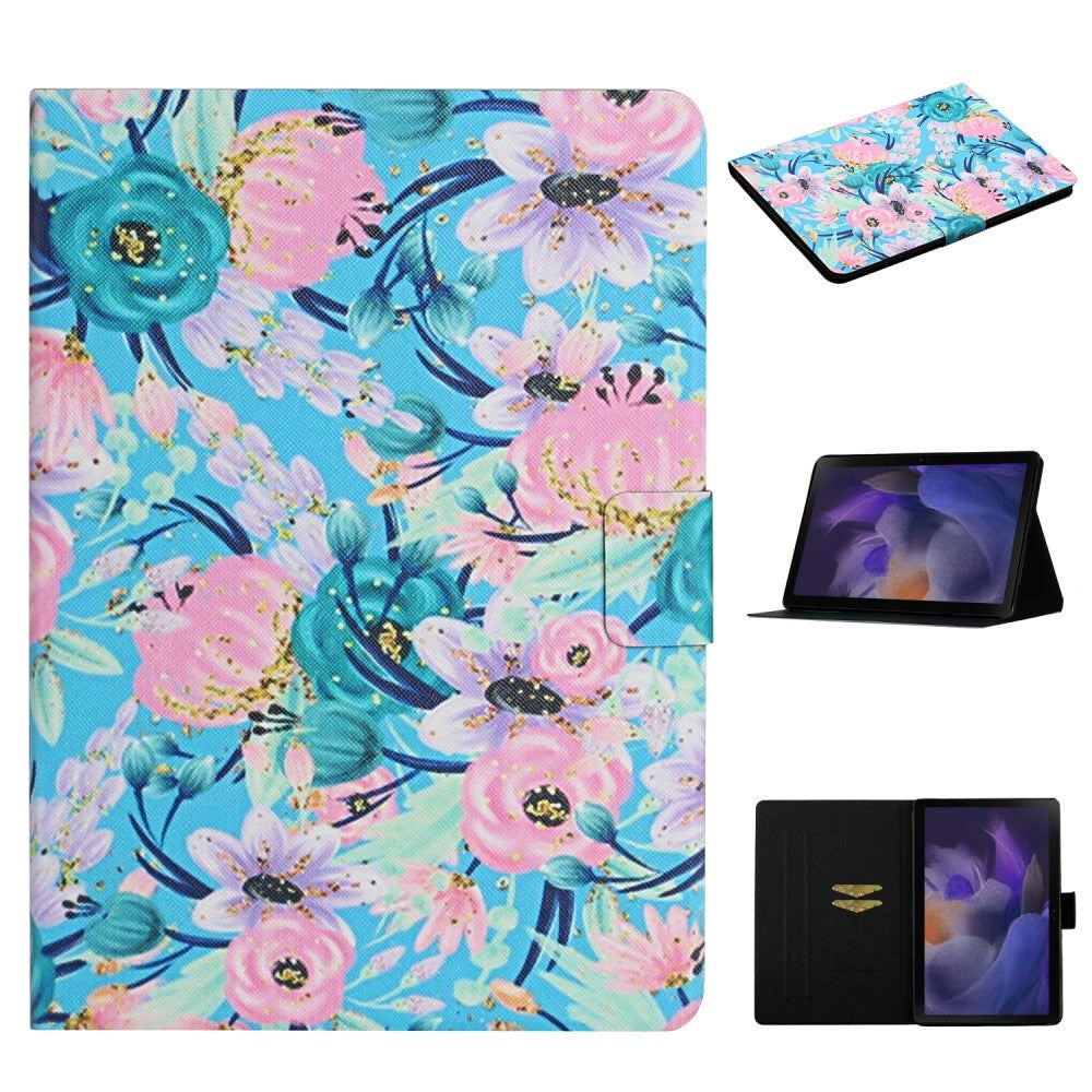 Samsung Galaxy Tab A9 Læder Tablet Cover m. Ståfunktion & Kortholder - Lyserød Blomster