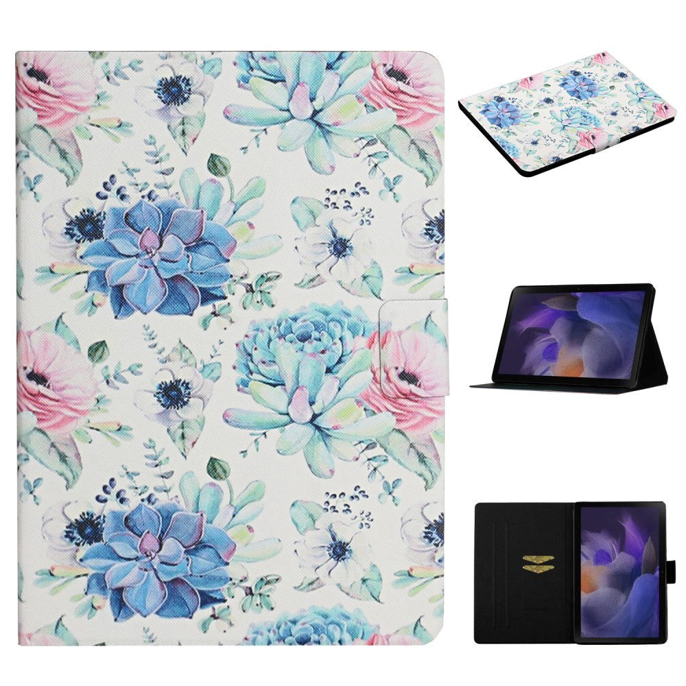 Samsung Galaxy Tab A9 Læder Tablet Cover m. Ståfunktion & Kortholder - Hvid / Blå Blomster