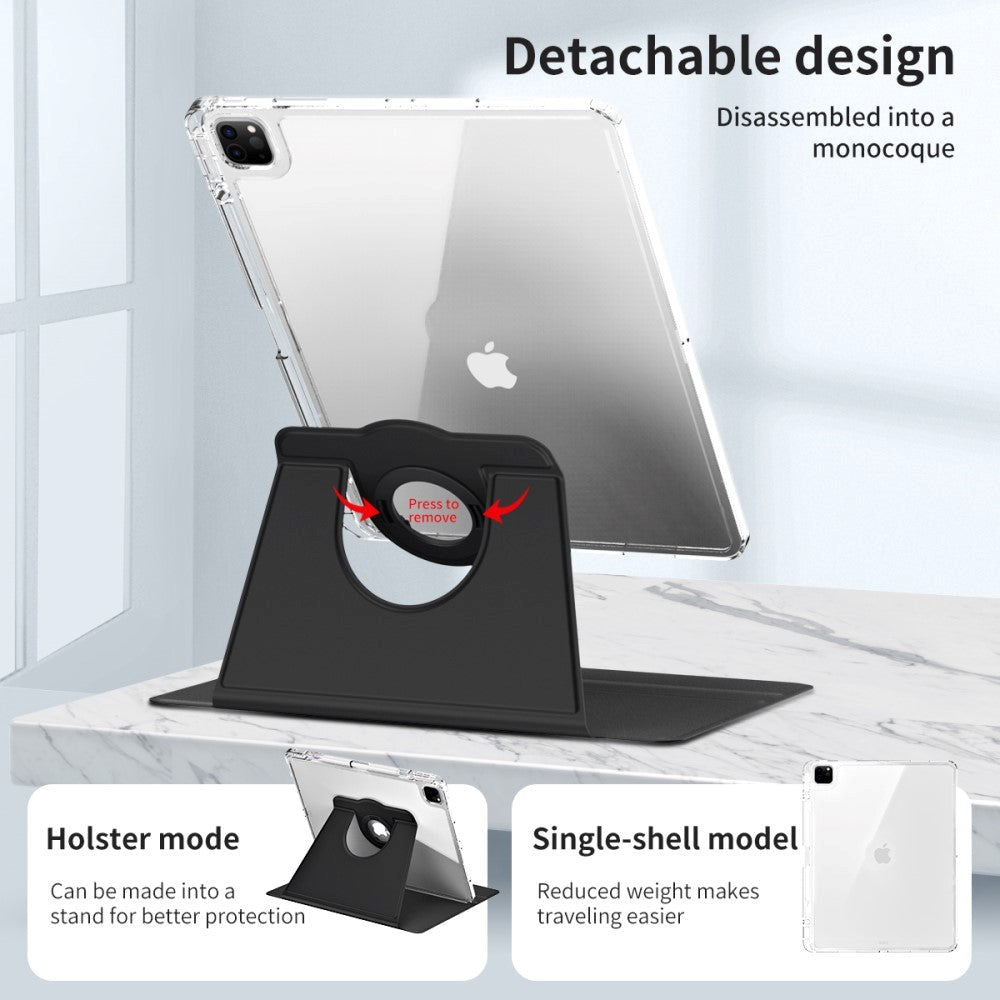 iPad Pro 12.9" (2022 / 2021 / 2020 / 2018) 2 i 1 Hybrid Flip Tablet Cover m. Pen Holder og Kameralinse Beskytter - Sort / Gennemsigtig