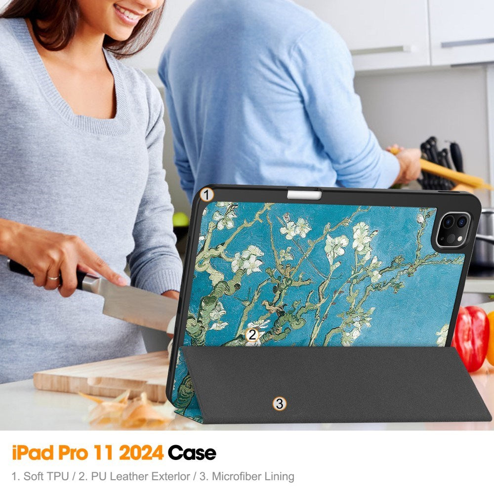 EIDERWOOD iPad Pro 11" (2025 / 2024) Tri-Fold Kunstlæder Tablet Cover m. Vågeblus Funktion - Blomster