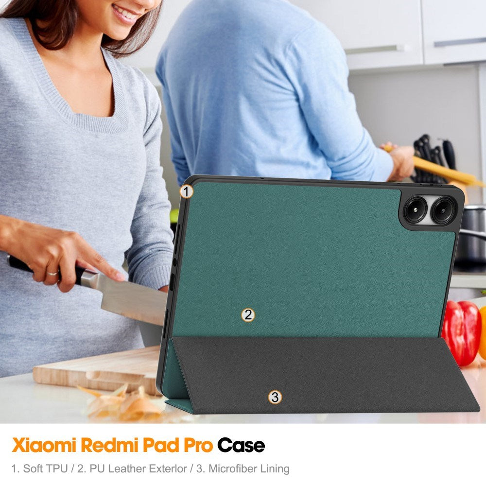 EIDERWOOD Xiaomi Redmi Pad Pro Tri-Fold Kunst Læder Tablet Cover m. Stylus Pencil Holder - Grøn