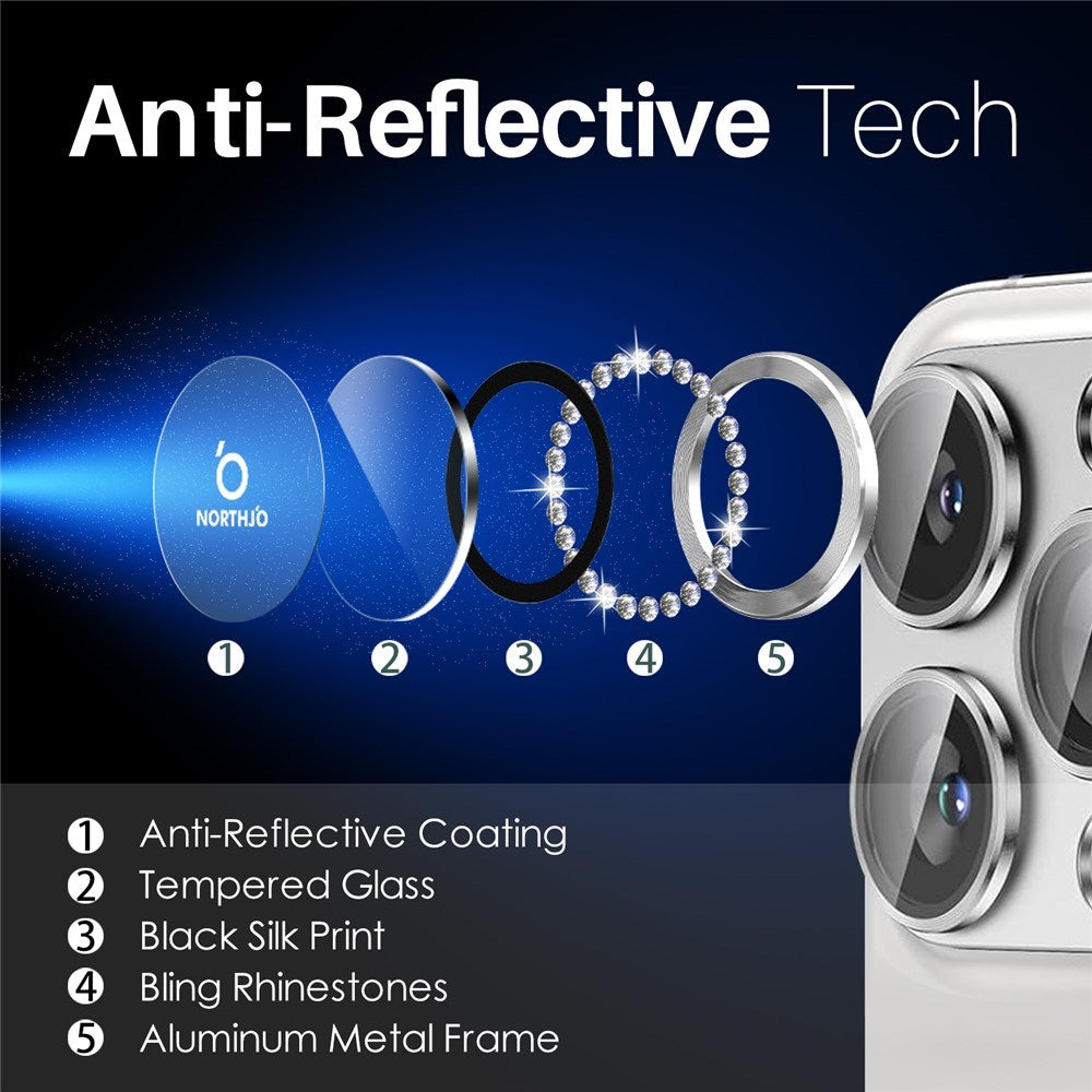NORTHJO iPhone 16 Pro / 16 Pro Max Beskyttelse til Kameralinse m. Pyntesten - Sølv