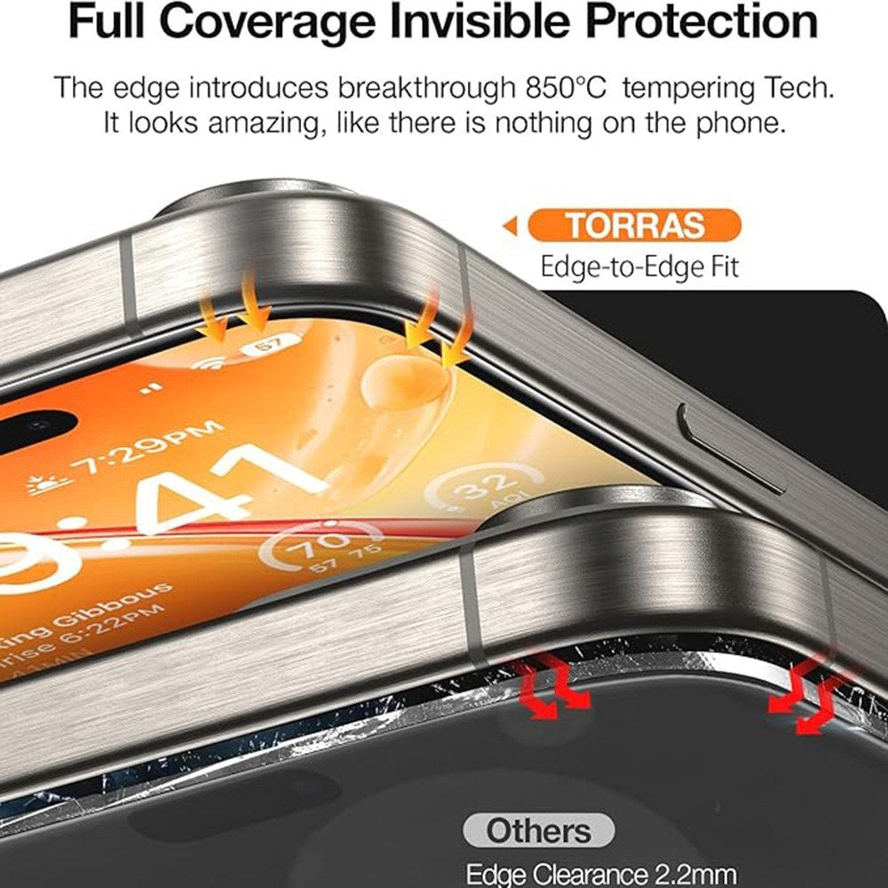 TORRAS - iPhone 15 / 14 Pro - Full Fit Hærdet Skærmbeskyttelsesglas inkl. Installationsramme - Gennemsigtig