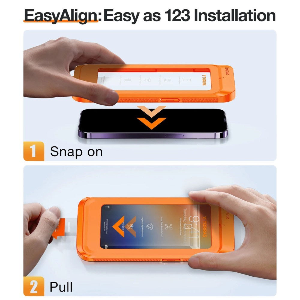 TORRAS - iPhone 16 - Full Fit Skærmbeskyttelse m. Installationsramme - Privacy Funktion - Gennemsigtig