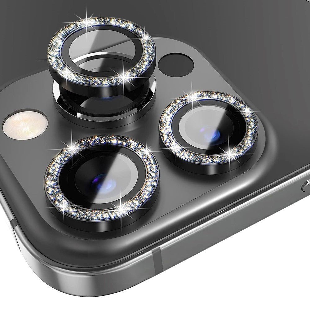 iPhone 13 Pro / 13 Pro Max Kameralinse Glasbeskyttelse m. Rhinsten - Sort