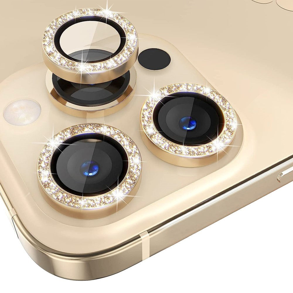 iPhone 13 Pro / 13 Pro Max Kameralinse Glasbeskyttelse m. Rhinsten - Guld