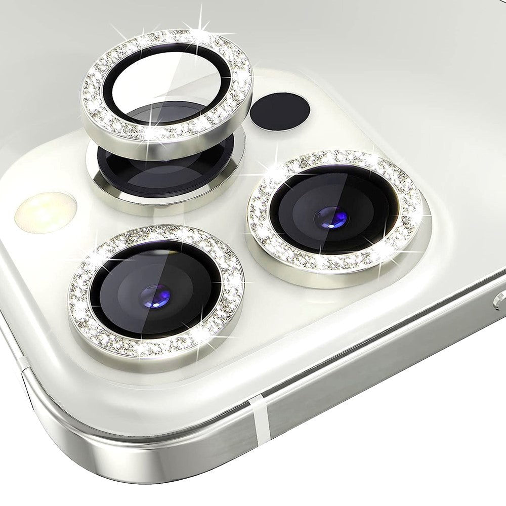 iPhone 13 Pro / 13 Pro Max Kameralinse Glasbeskyttelse m. Rhinsten - Sølv