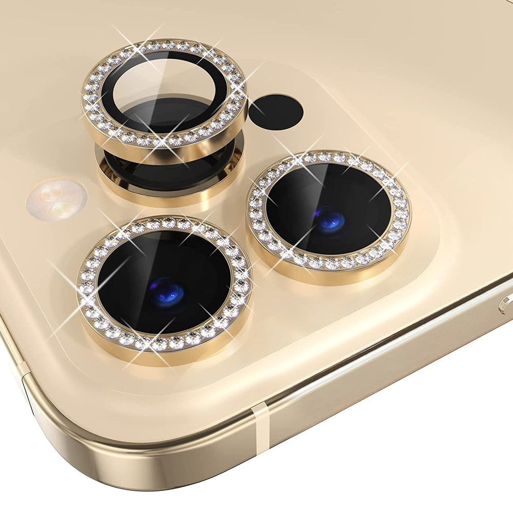 iPhone 14 Pro / 14 Pro Max Kameralinse Glasbeskyttelse m. Rhinsten - Guld