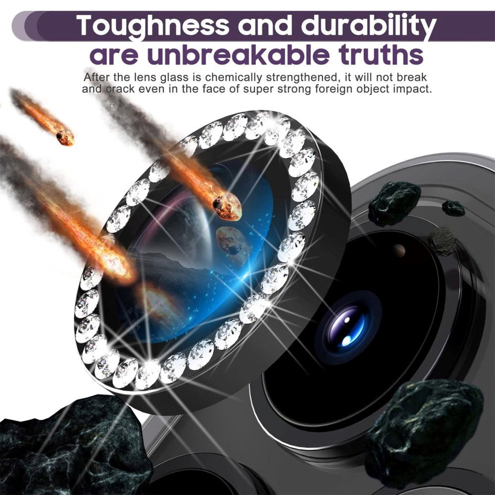 iPhone 15 Pro / 15 Pro Max Kameralinse Glas Beskyttelse m. Rhinsten - Sort