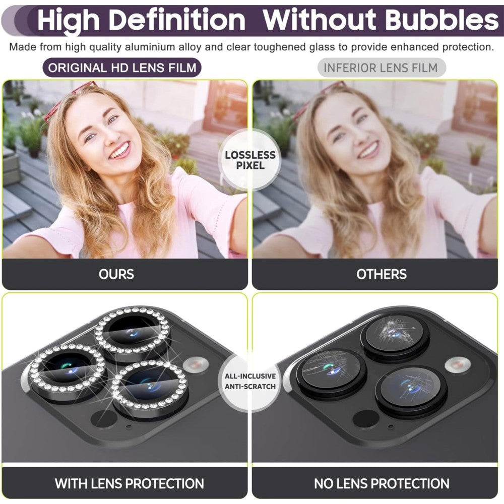 iPhone 15 Pro / 15 Pro Max Kameralinse Glas Beskyttelse m. Rhinsten - Sort