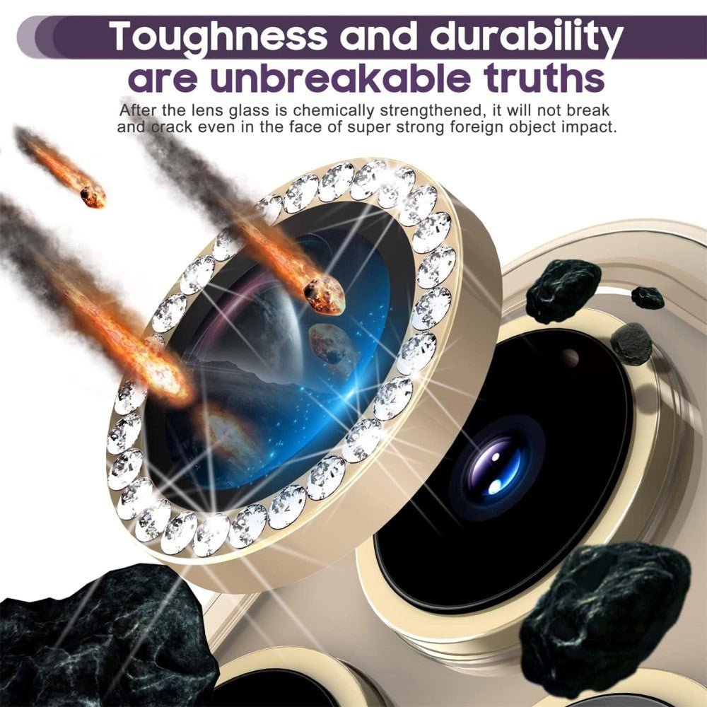 iPhone 15 Pro / 15 Pro Max Kameralinse Glas Beskyttelse m. Rhinsten - Guld