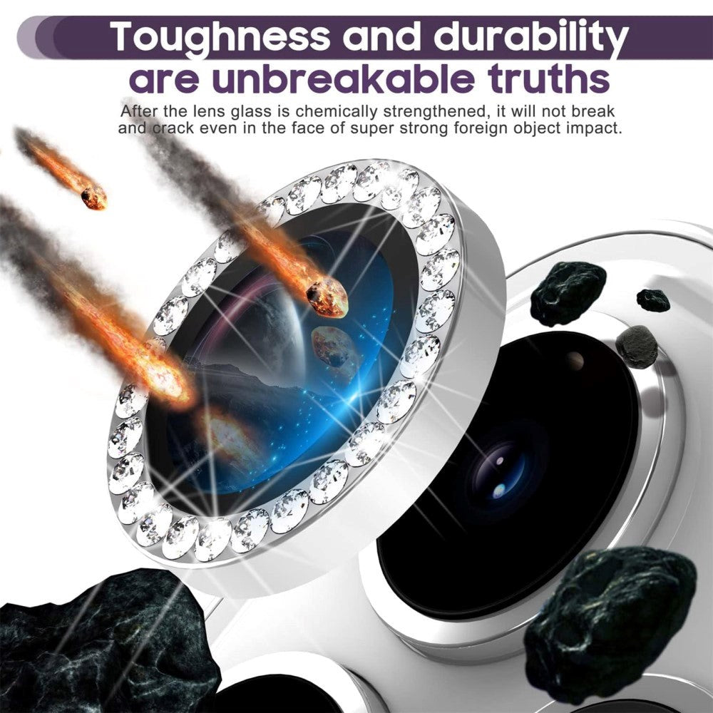 iPhone 15 Pro / 15 Pro Max Kameralinse Glas Beskyttelse m. Rhinsten - Sølv