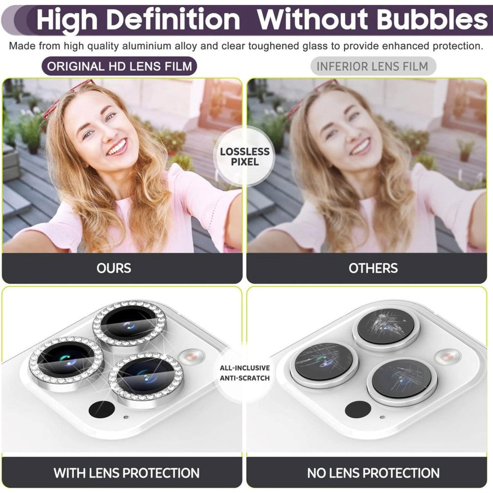 iPhone 15 Pro / 15 Pro Max Kameralinse Glas Beskyttelse m. Rhinsten - Sølv