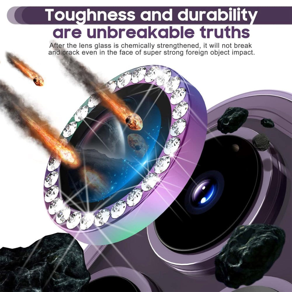 iPhone 15 Pro / 15 Pro Max Kameralinse Glas Beskyttelse m. Rhinsten - Regnbue