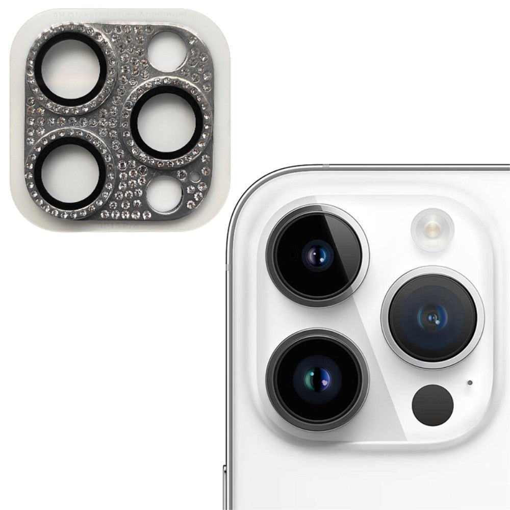 Kameralinse Beskyttelse m. Rhinsten til iPhone 15 Pro / 15 Pro Max - Sølv