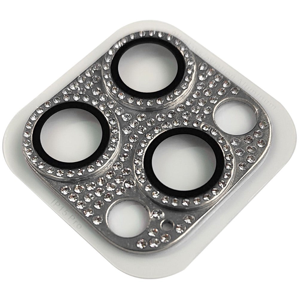 Kameralinse Beskyttelse m. Rhinsten til iPhone 15 Pro / 15 Pro Max - Sølv