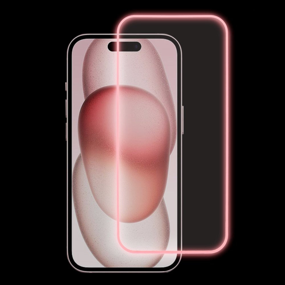 iPhone 15 Plus Skærmbeskyttelse i Glas - Selvlysende Pink Kant