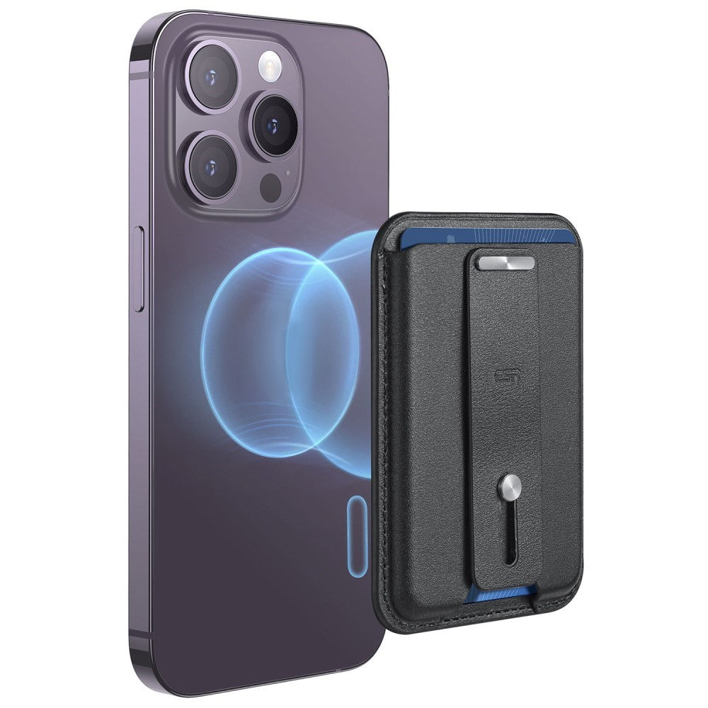 ESR Magnetisk Kunstlæder Kortholder m. Strop & Ståfunktion - MagSafe Komptibel - Sort