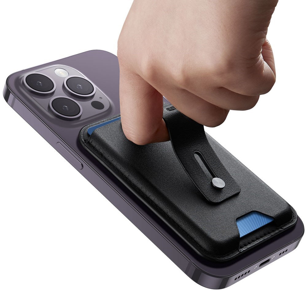 ESR Magnetisk Kunstlæder Kortholder m. Strop & Ståfunktion - MagSafe Komptibel - Sort