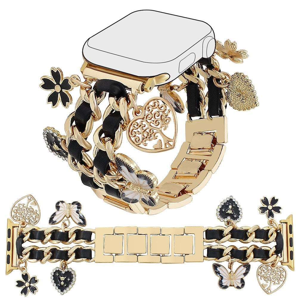 EIDERWOOD - Apple Watch (38 / 40 / SE / 41 / 42mm) - Metal Rem m. Vegansk Læder & Vedhæng - Guld / Sort