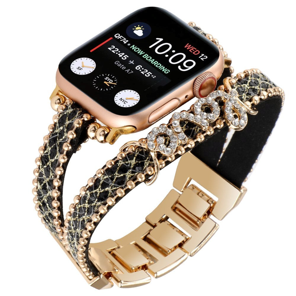 Apple Watch (38/40/SE/41/42mm) Læder og Metal Urrem m. Rhinsten - Guld / Sort