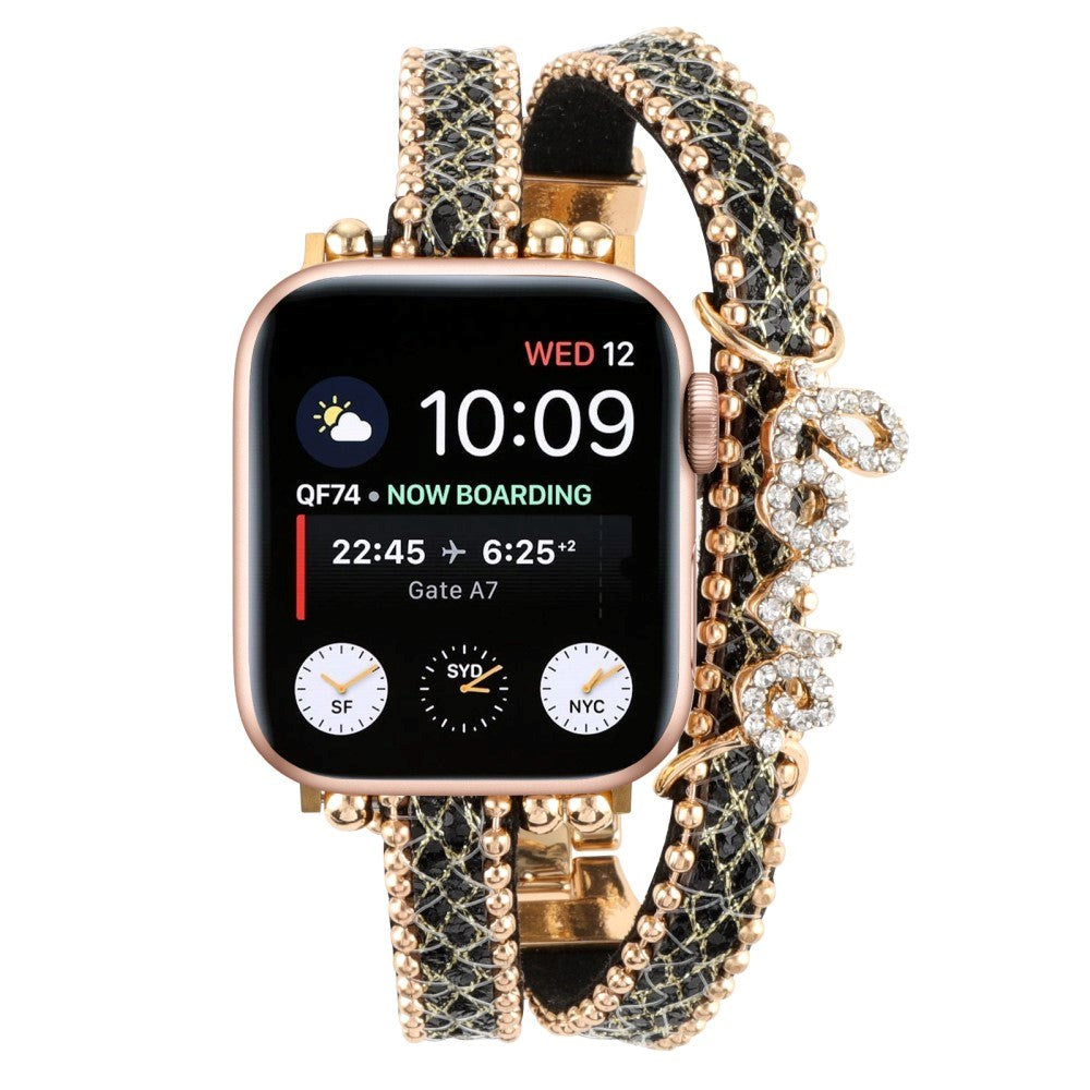 Apple Watch (38/40/SE/41/42mm) Læder og Metal Urrem m. Rhinsten - Guld / Sort