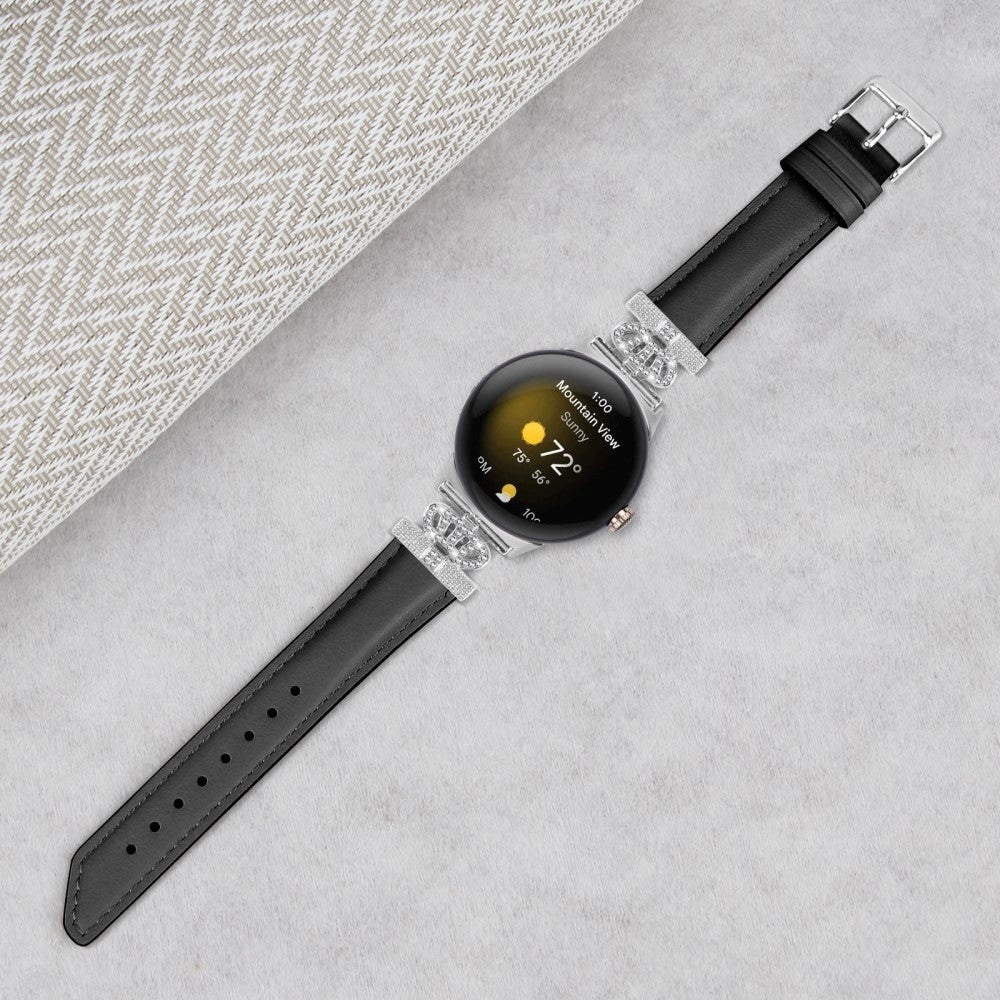 Google Pixel Watch 1 / 2 / 3 (41mm) Kunstlæder Urrem m. Sølv Rhinsten Spænde - Sort