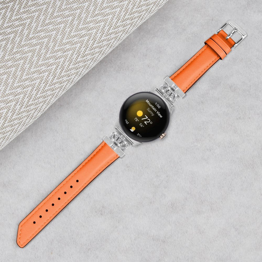 Google Pixel Watch 1 / 2 / 3 (41mm) Kunstlæder Urrem m. Sølv Rhinsten Spænde - Oransje